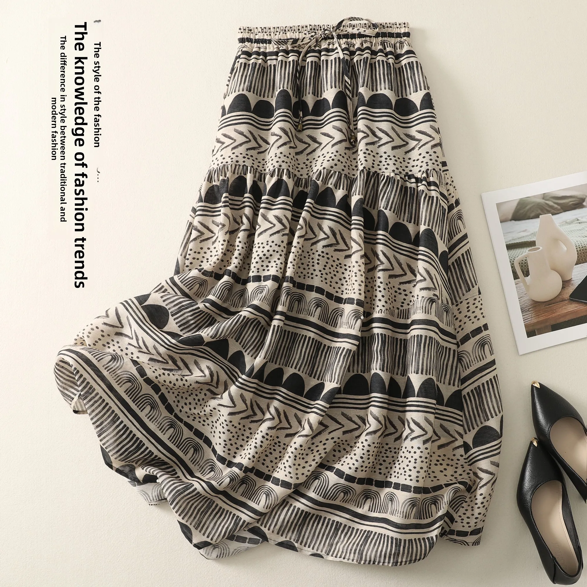 Dwuwarstwowa, luźna spódnica z lnu i bawełny, rozkloszowana, o długości do kolan, z wewnętrzną warstwą, nowość na lato.