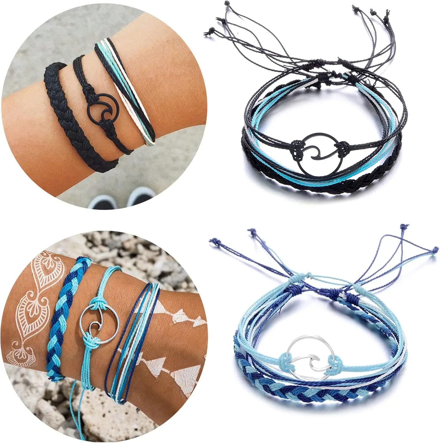 Braccialetti vintage con onde da surf Starain blu per donna Set di braccialetti da surfisti da spiaggia intrecciati regolabili impermeabili fatti a mano Boho