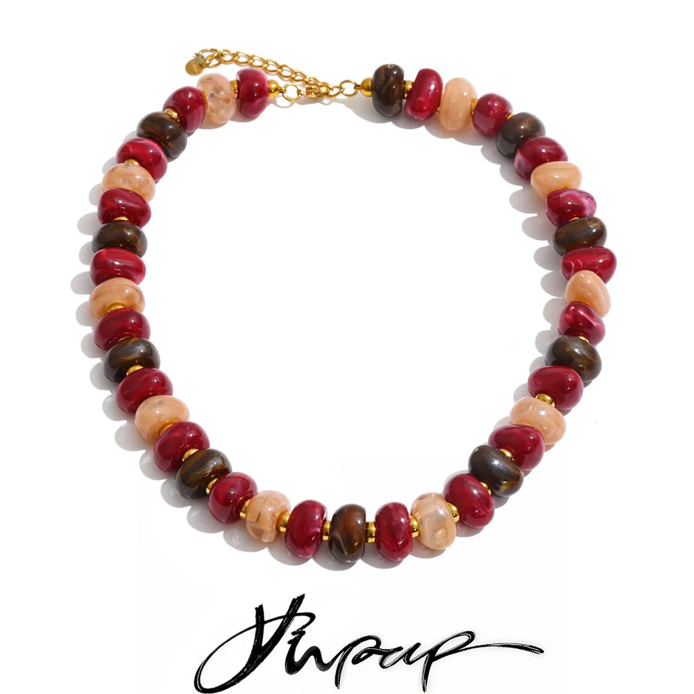 Yhpup Bunte Harzperlenkette Handgefertigte Halskette Wasserdicht Edelstahl Exquisiter Modeschmuck für Herbst und Winter