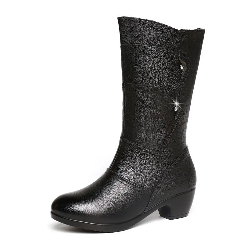 Mulheres meados de bezerro botas de salto cunha sapatos de mãe de couro macio inverno veludo neve botas femininas zíper lateral botas de salto grosso