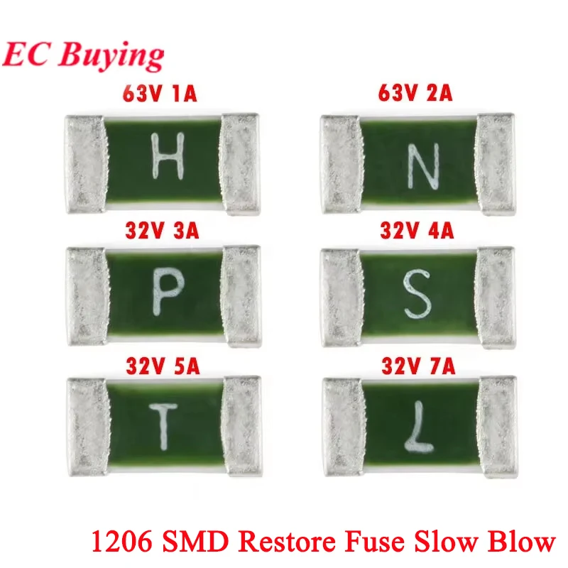 100Pcs/5pcs 1206 SMD A One Time Fuse Positive Disconnect SMD Restore Fuse Slow Blow 1A 2A 3A 4A 5A 7A 32V 63V Slow Break