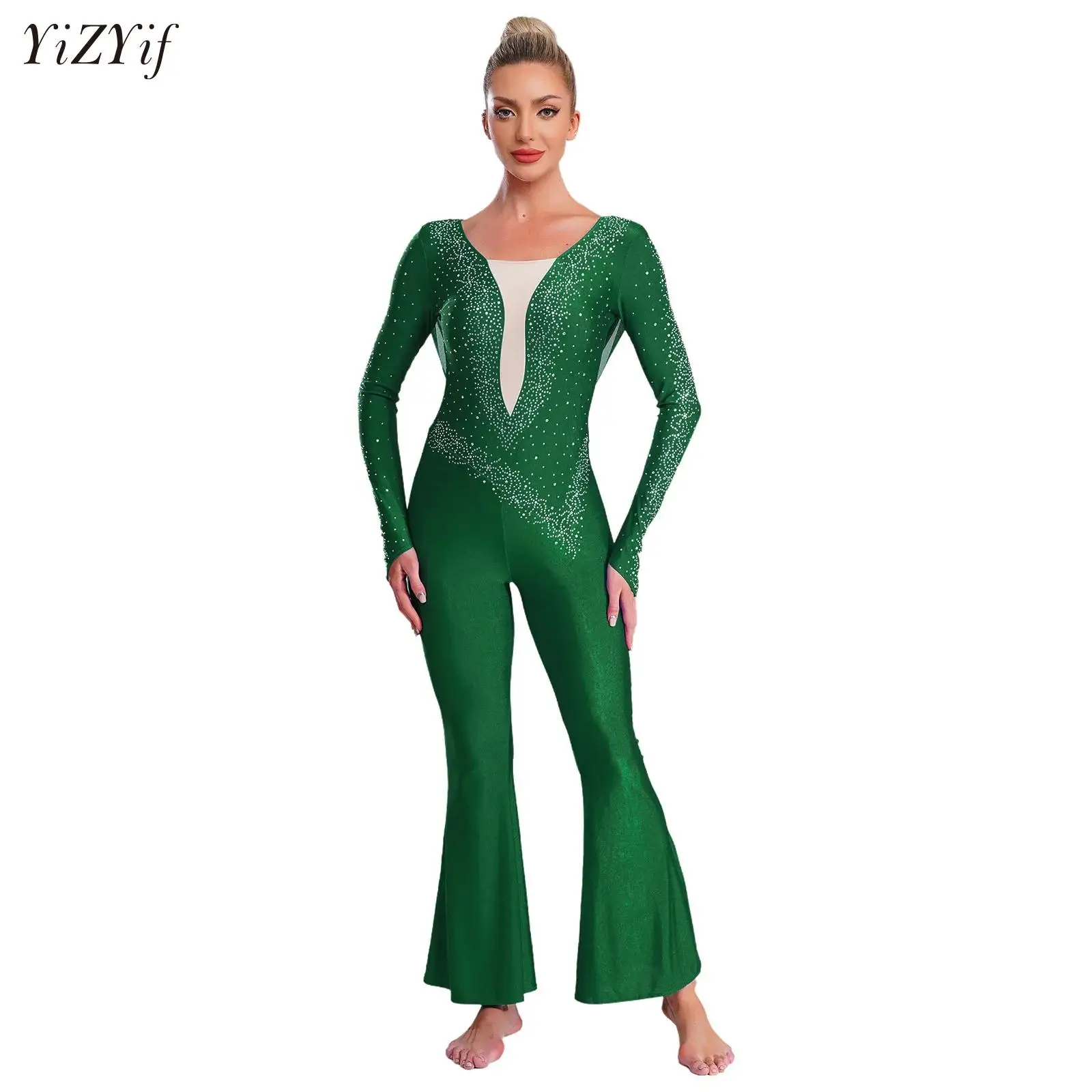 

Women Rhinestones Ballet Dance Jumpsuit Rompers Costume Long Sleeve Bell Bottom Long Pants Cha-cha Latin Performance Dancewear