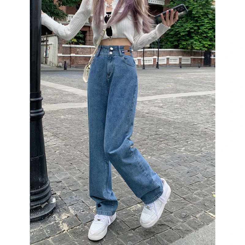 الرجعية واسعة الساق مستقيم قطع الجينز المرأة حجم كبير فضفاضة تناسب عالية الخصر السراويل الطويلة الخريف Faion المضادة للتجاعيد اللون العميق #1