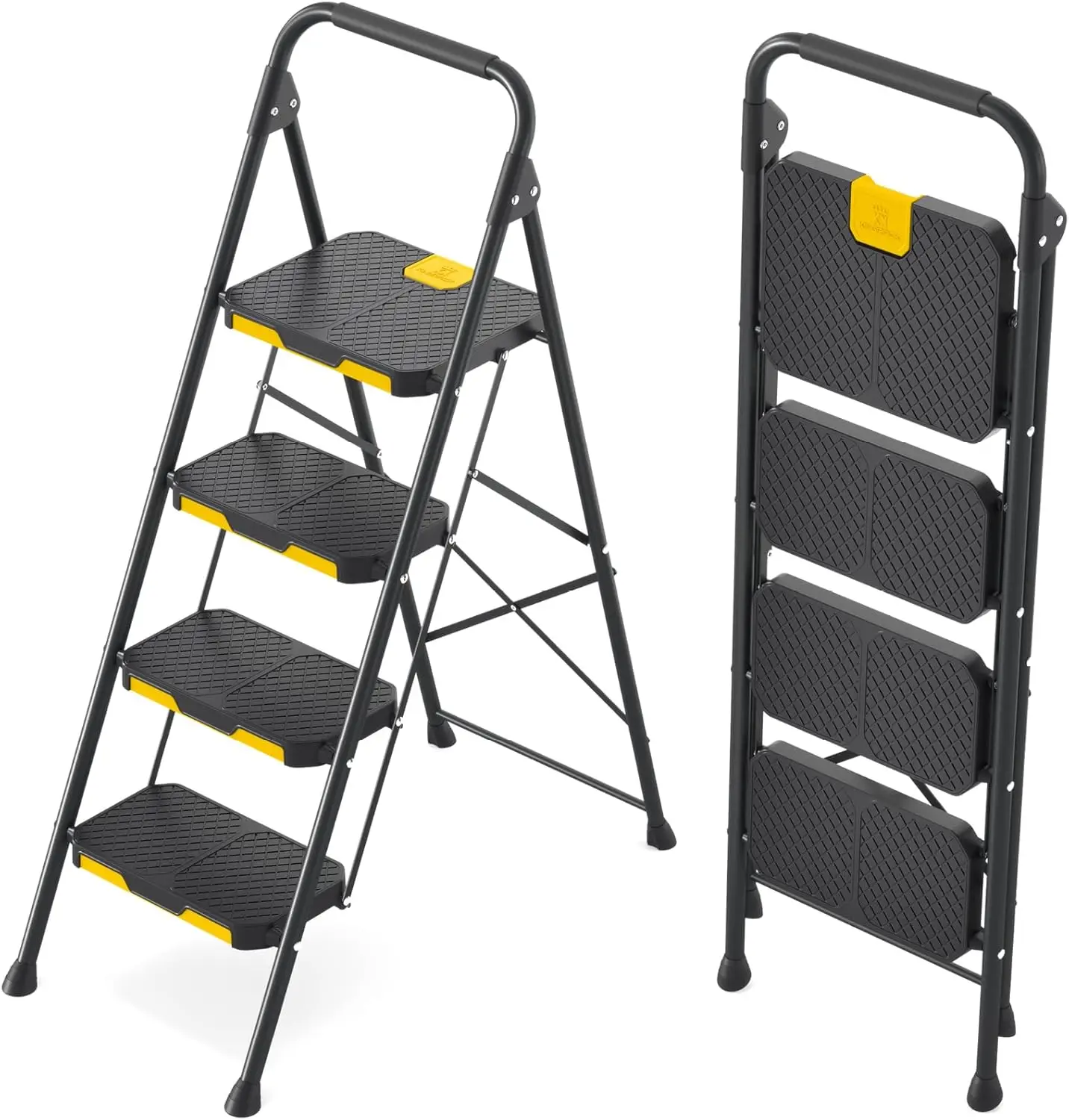 4 steps, sturdy steel step stool, safety lock design, handrails, non-slip wide pedals, folding portable ladder