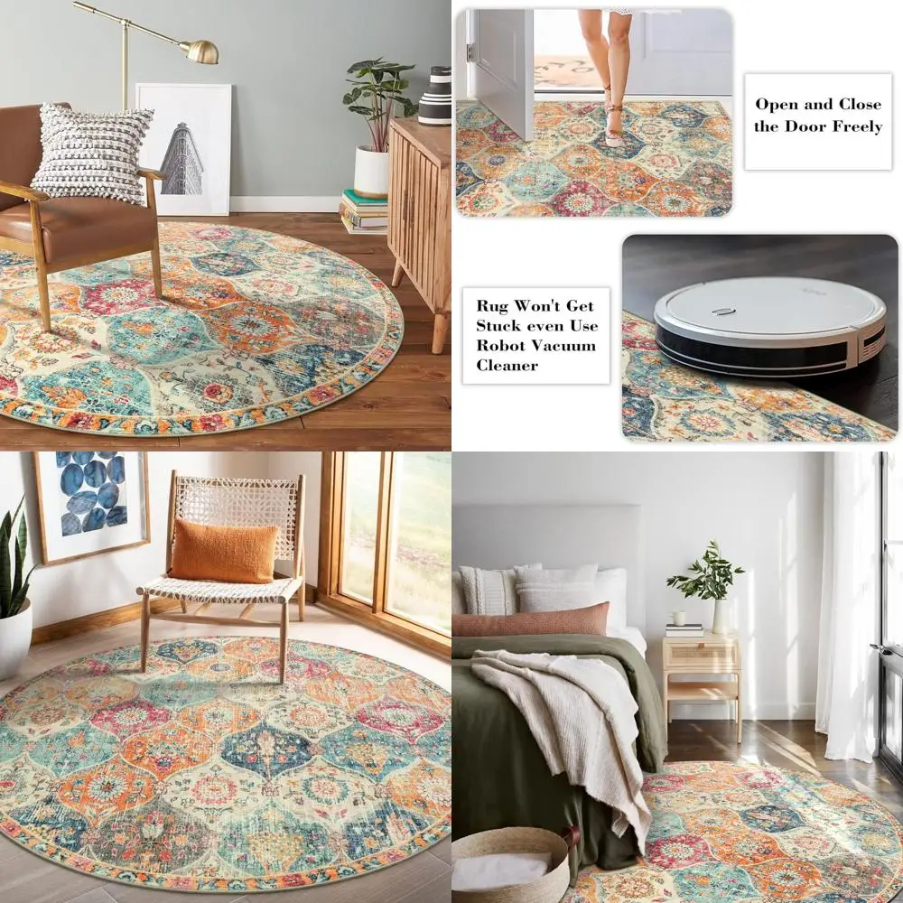 

Vintage Moroccan Trellis Area Rug, 6ft Cream/Multi, Soft & Thin, Non-Slip for Home Decor