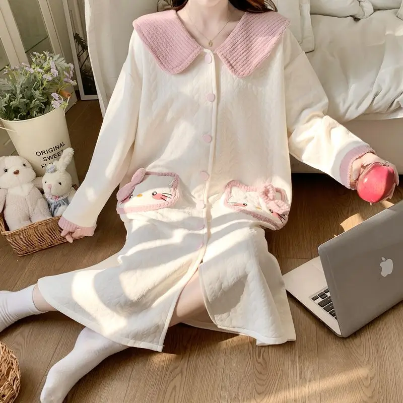 كيتي فتاة لطيف ثوب النوم الكرتون منامة الخريف الشتاء بأكمام طويلة الحلو Kawaii فضفاض ملابس المنزل طالب ملابس خاصة غير رسمية