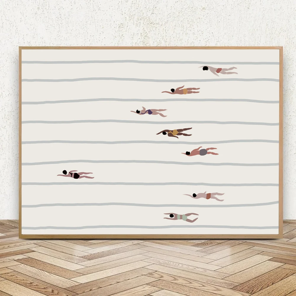 Nordic Diverse Women Swimmers Prints Minimalist Swimming Pool Wall Art Canvas Painting Pictures Posters For Living Room Decor