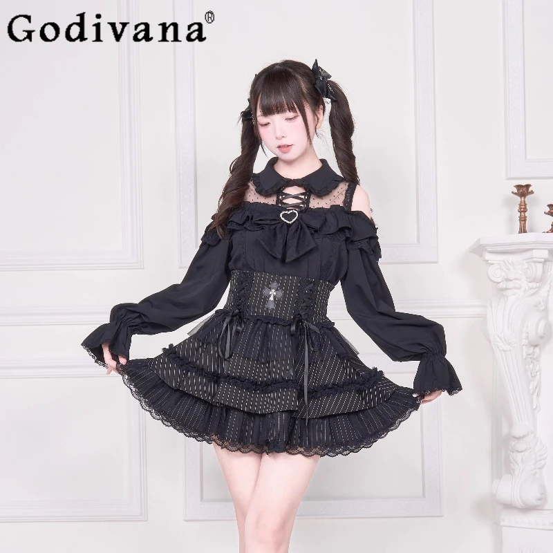Original Japanese Mine Mass-Produced Black Long-Sleeve Shirt Autumn 2025 New Sweet Bow Off-Shoulder Lo Shirt Mini Skirt Set