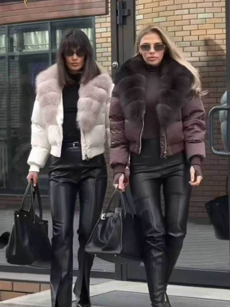 Femmes réel col de fourrure doudoune 2025 nouveau automne hiver duvet d'oie manteau femme épais chaud naturel fourrure de renard doudoune fermetures éclair