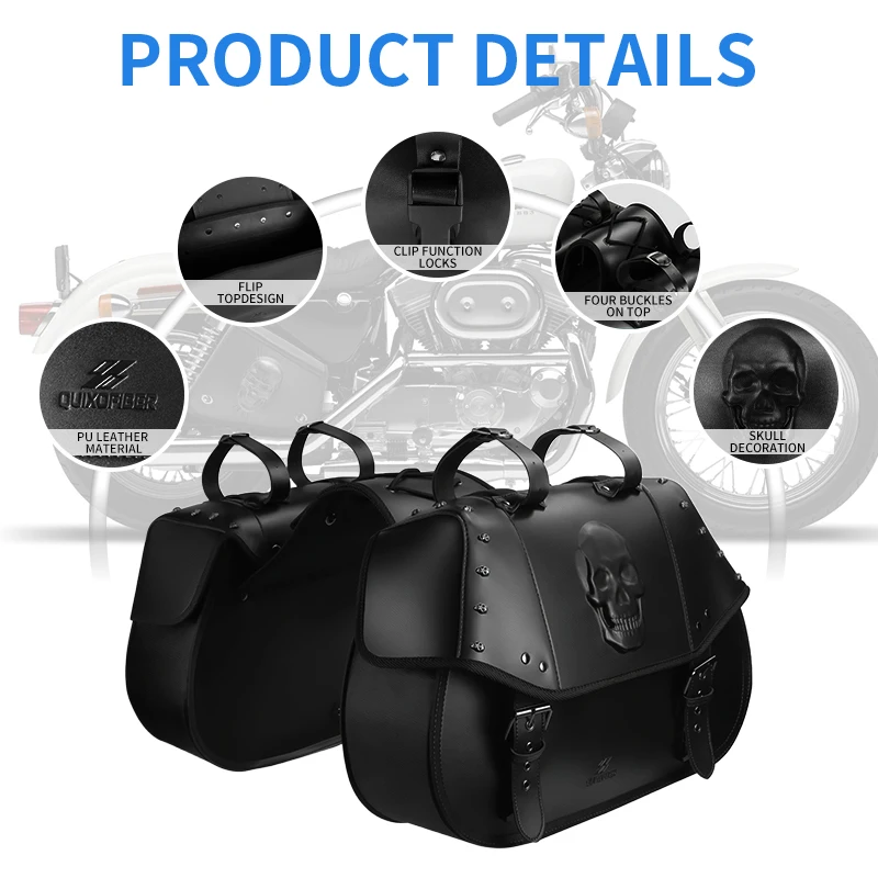 Motorcycles Bags 34L Universal PU Leather Side Bags 3D Skull Waterproof for Harley Honda Yamaha Kawasaki Motorcycle Saddlebags