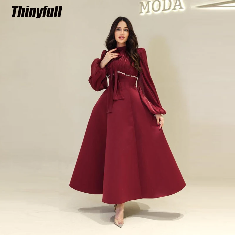 Thinyfull A-line Satin Prom Dress 2026 High Neck Full Sleeves Evening Dress Vestidos De Fiesta Elegantes Party Gown Customized