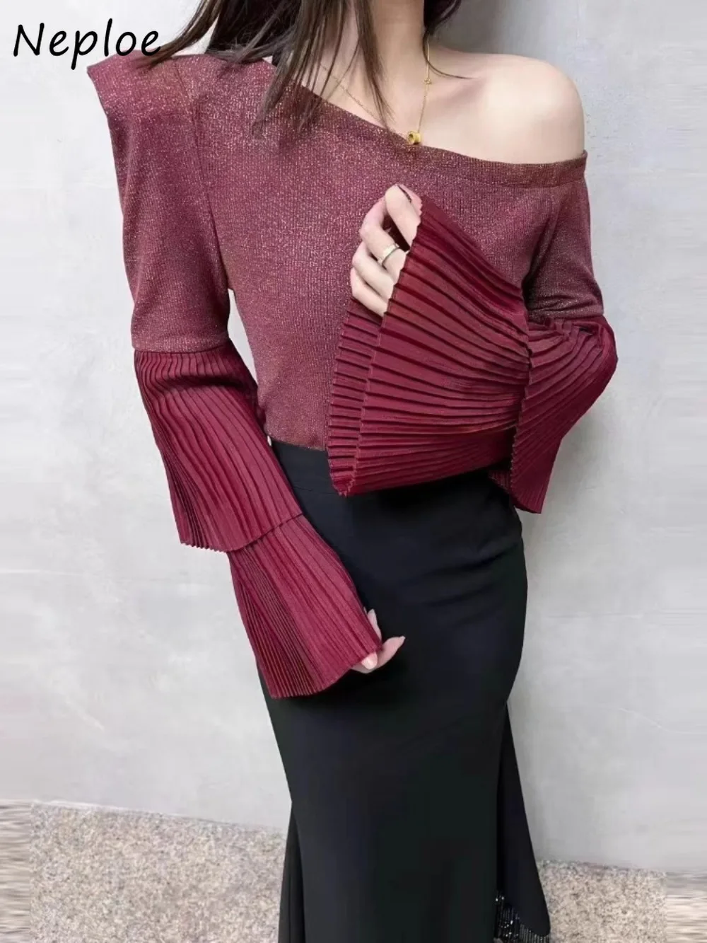 

Neploe Sweet Moda Flare Sleeve Sexy Women Clothing Spice Girls Slash Neck Slim Blusas Patchwork Personalized Hot Sell Moda Mujer
