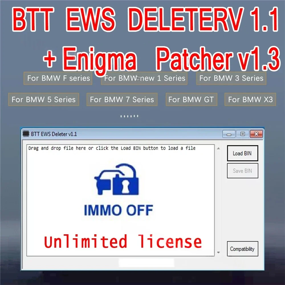 Programa BMW IMMO OFF BTT EWS Deleter V1.1 + Enigma Patcher V1.3 Licencia Ilimitada para Herramienta de Reparación de Automóviles BMW