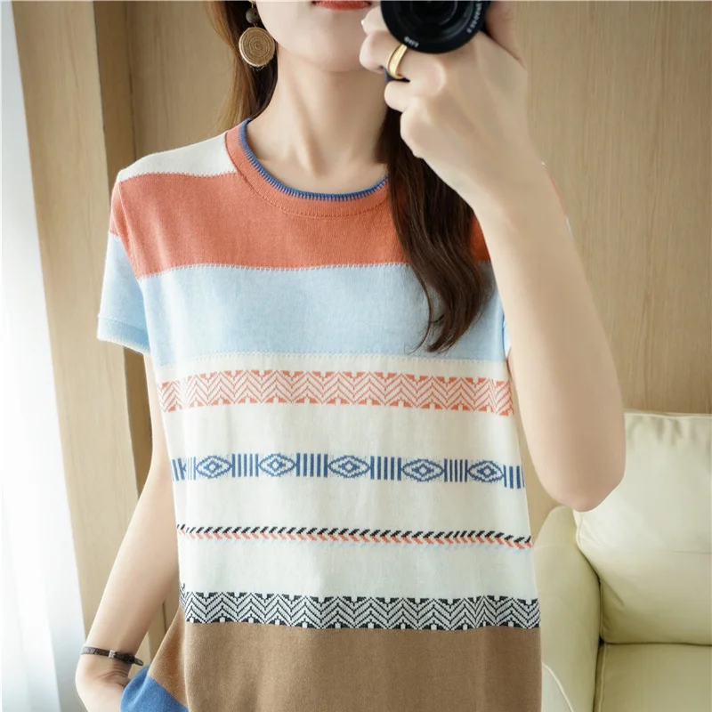 Summer New Striped Short-Sleeved T-shirt Female Cotton Contrast Rainbow Knit Bottoming Shirt Loose Slim Sweater