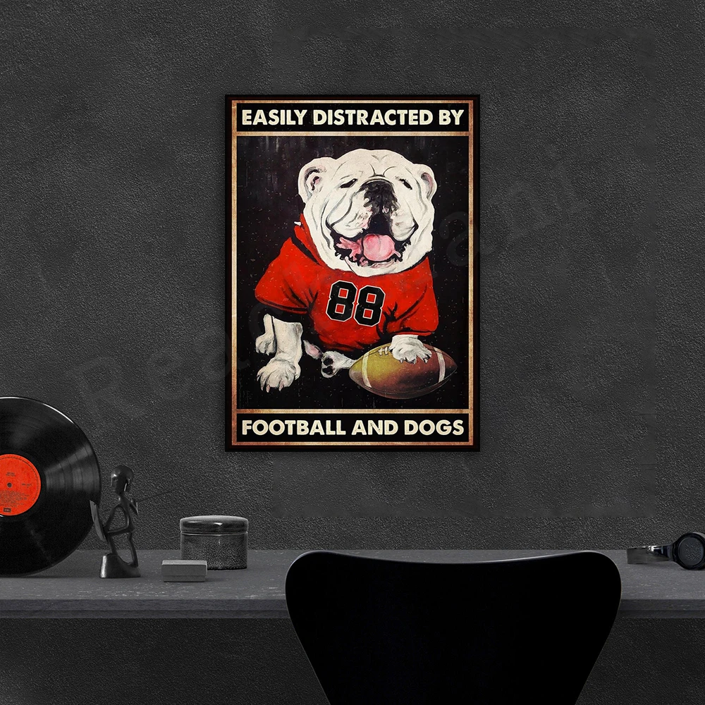 Easily distracted by football and bulldog wall art prints, bulldog art deco poster, love dog gift