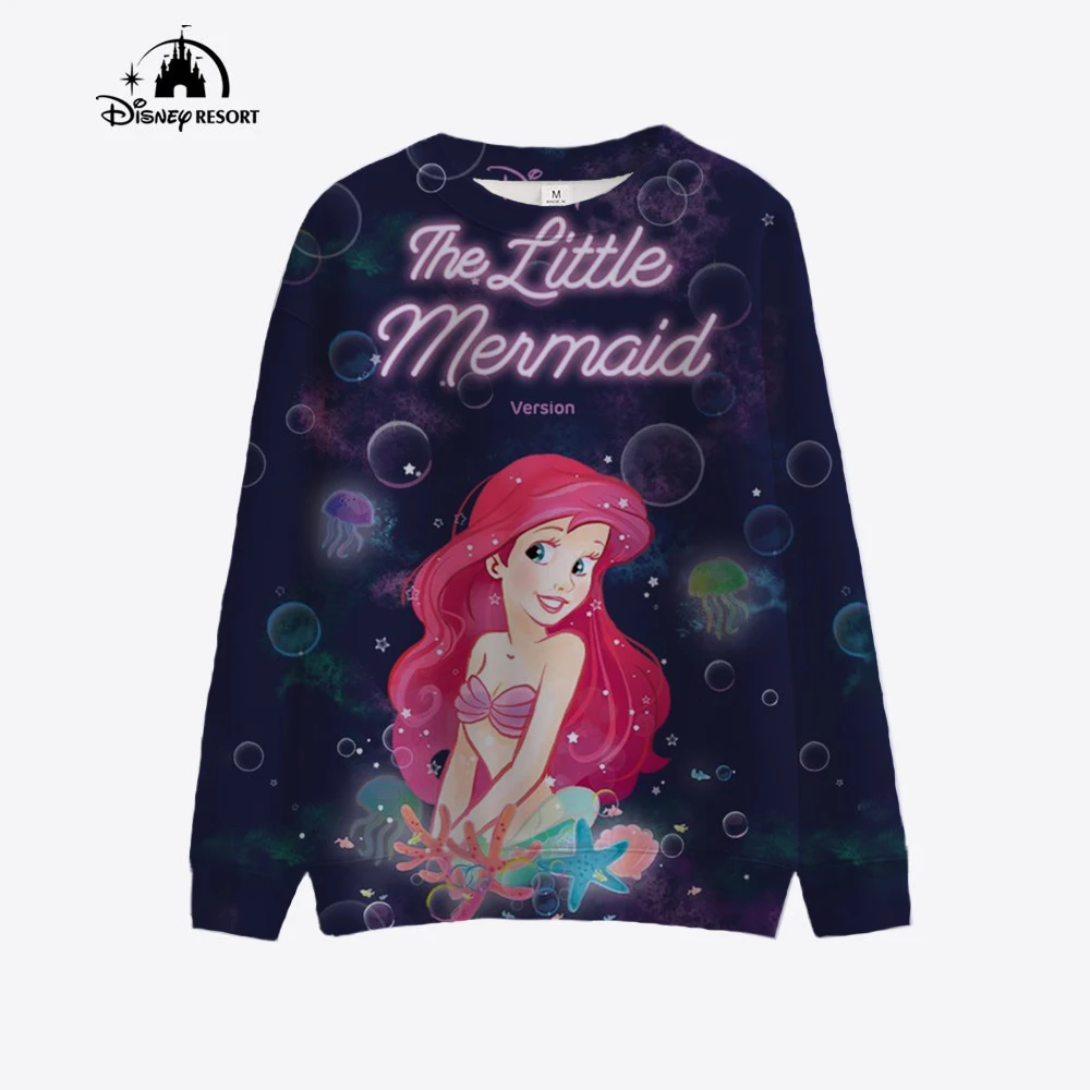 2024 Fall New Women\'s Fashion Casual Sweatshirt Disney Mermaid Princess Print Crew Neck Long Sleeve Ladies Pullover