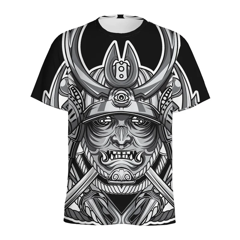 Japanese Samurai Mask Pattern T Shirt For Men 3D Printed Warrior Tees Tops Round Neck Short Sleeves Streetwear Loose T-shirt