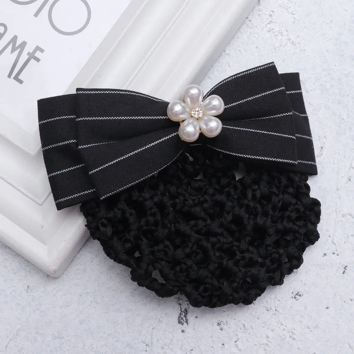 

Pearl Studded Bowknot Hair Net Black White Striped Thick Hairpin Snood Hairpin Elastic Hair Clip for Work Party Date