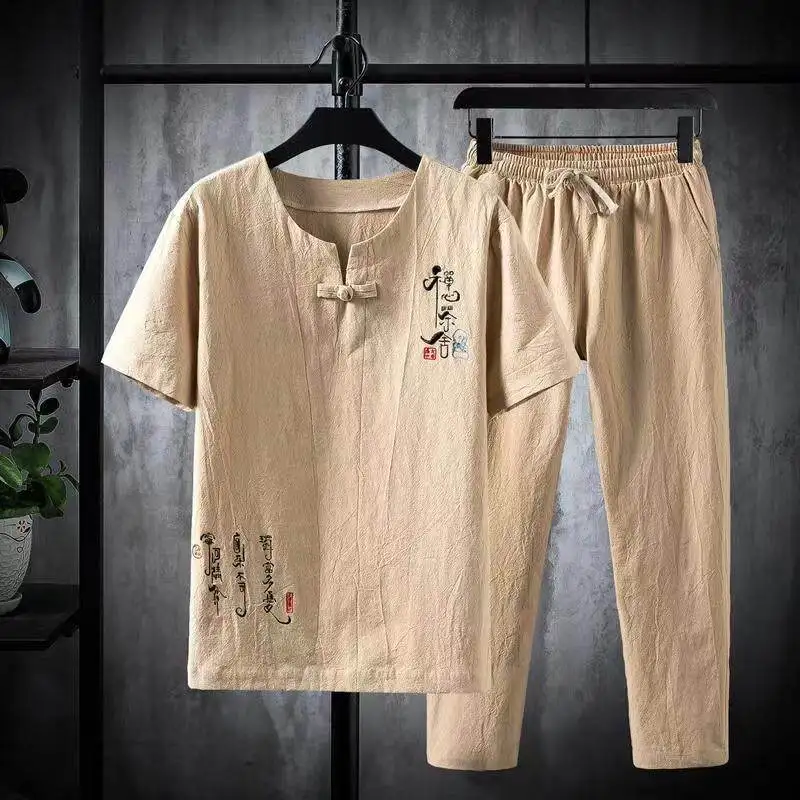 (Shirt + trousers) 2025 summer Chinese Style men shirt Cotton and linen shirts men\'s High quality casual shirts Two Piece M-5XL