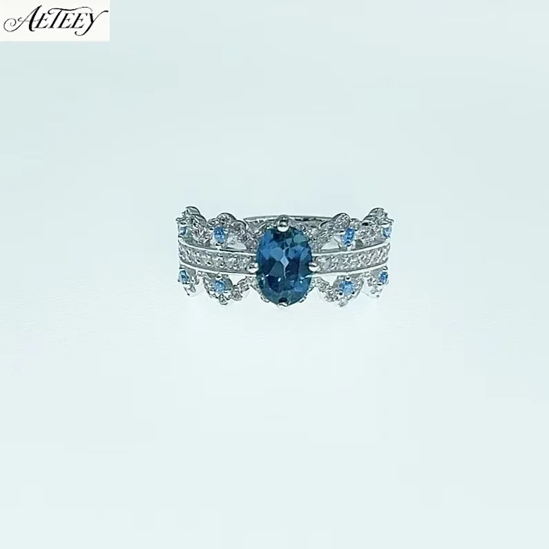 AETEEY S925 Silver White Gold Plated Blue Topaz Open Ring 5\*7mm Oval Main Stone High-end Women Finger Jewelry