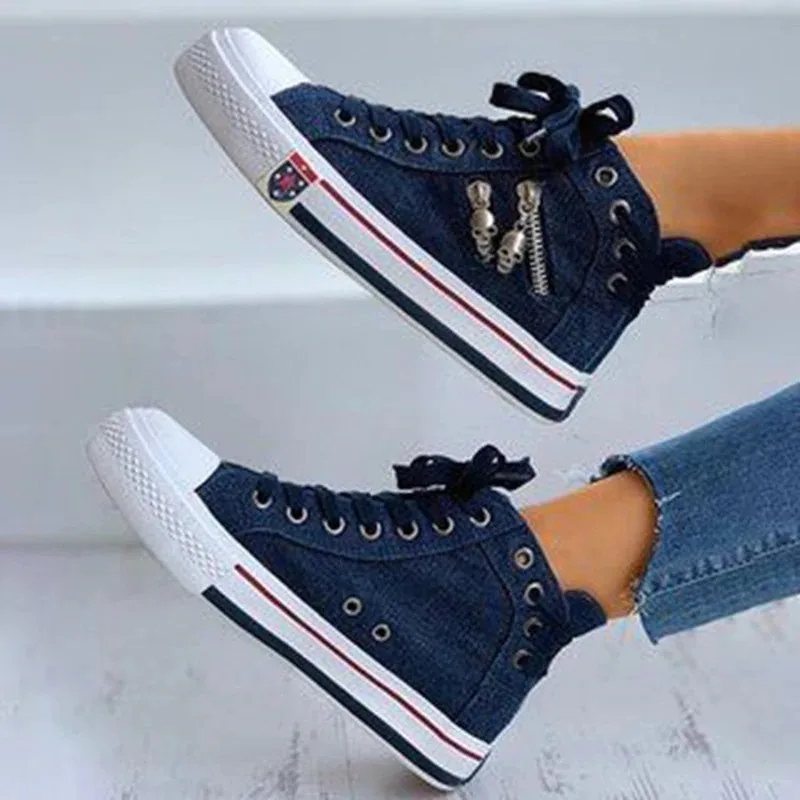 Nouvelles baskets montantes plates pour femmes, chaussures de sport vulcanisées pour filles, chaussures de loisirs en toile et denim pour femmes