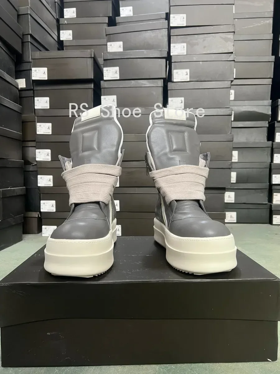Ro مصمم أحذية الرجال حذاء رياضة رمادي النساء رمادي جلد حذاء بوت بطول الكاحل جامبو الأربطة منصة 6 سنتيمتر نعل سميك عالية أعلى حذاء كاجوال