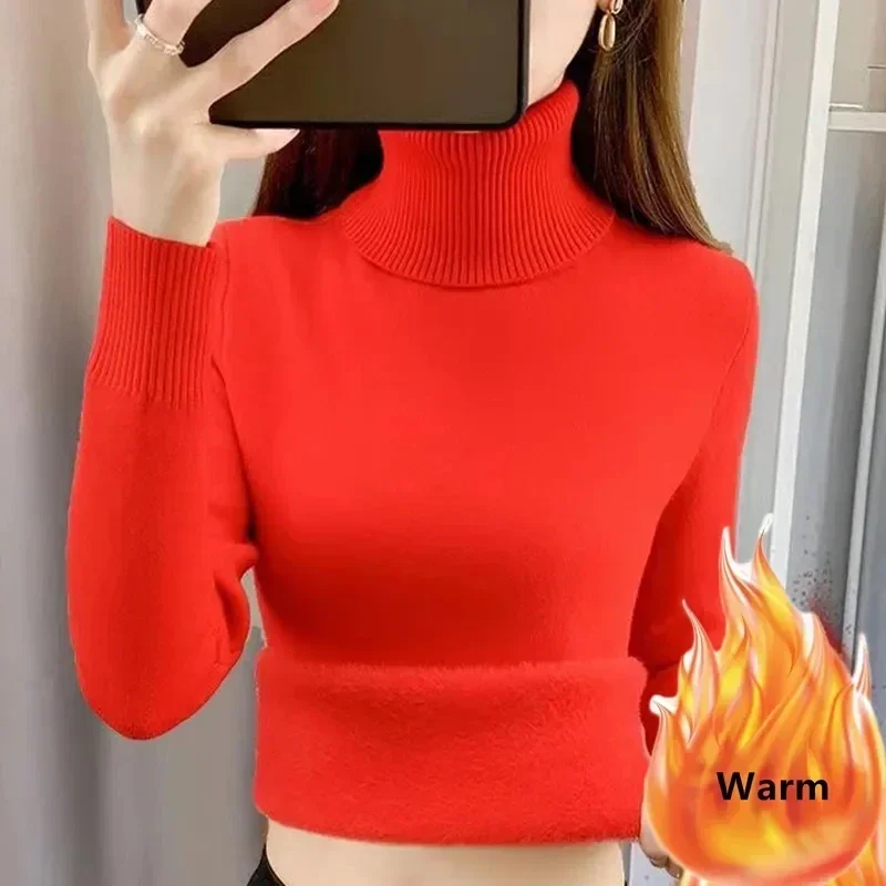 Pop Pop 2025 Velvet Lined Warm Turtleneck Sweater Women Slim Thick Knitting Winter Pullover Elastic Soft Tops Fall Plush Knitwea