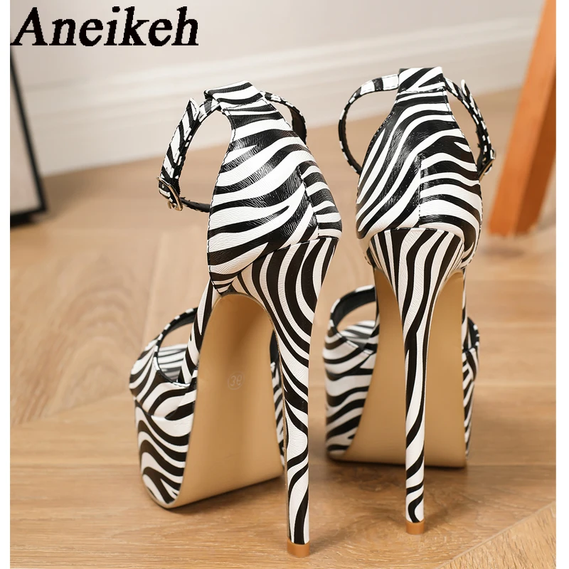 Aneikeh Summer 2024 Women's Platform Striped Ankle-Wrap Slippers Peep Toe Round Toe Buckle Strap Sandals Shoes Thin Heels Pumps