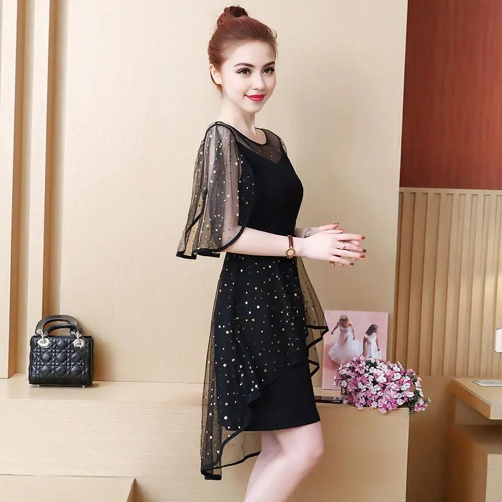 

Summer Short Dress Elegant Star Sequin Mesh Evening Dress with Double-layered Ruffle Sleeves for Prom Parties Date Nights Loose