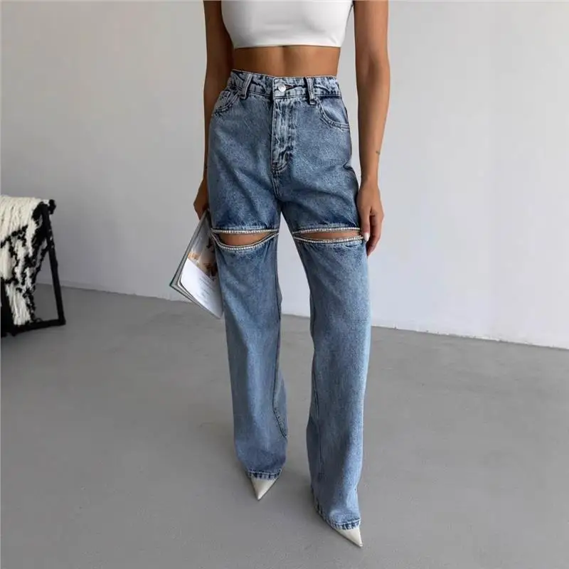 

New 2023 High Waist Straight Leg Denim Jeans Faionable Waed Chain Hole Design Early Autumn Long Sve Pants for Men