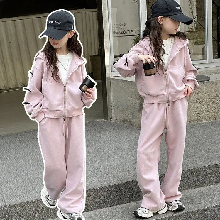2026 Casual Autumn Winter Girl Cloth Bow Loose Striped Hooded Sweatshirt + Wide Leg Pant Teens Children Set 4 8 10 12 14 15 Year
