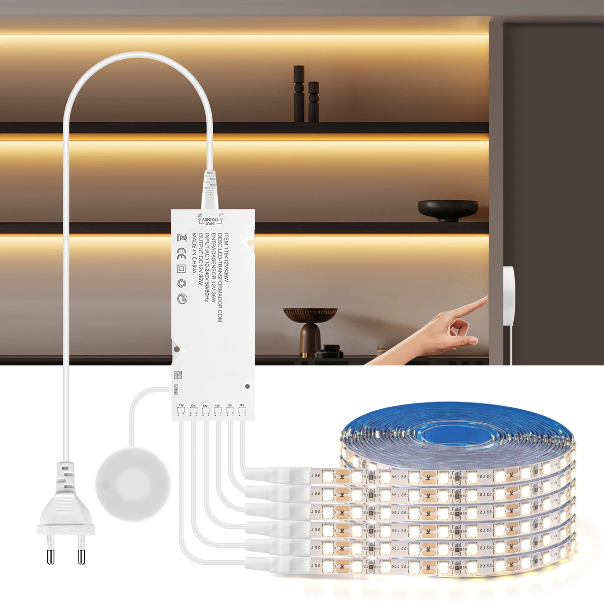 

1-10Pcs LED Strip Light Penetrate Wood Touch Switch Dimmable 2835 Tape 120LEDs/M DIY Liquor/Storage/Display/Wall Cabinet Lamp