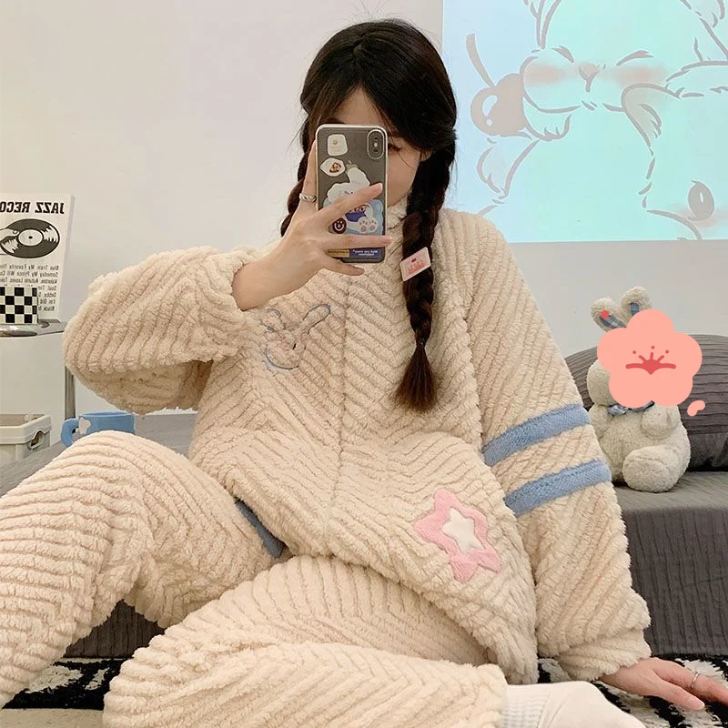 مجموعة الشتاء بيجامات نسائية تحافظ على الدفء من الصوف المرجاني ملابس نوم حلوة ولطيفة للطالبات بيجامة ملابس منزلية سميكة مبطنة بالصوف #2