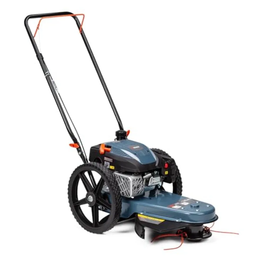 

Walk Behind Brush Cutter and String Trimmer for rugged terrain use, steel deck, black/grey, high-wheel 14 rubber wheels with 16