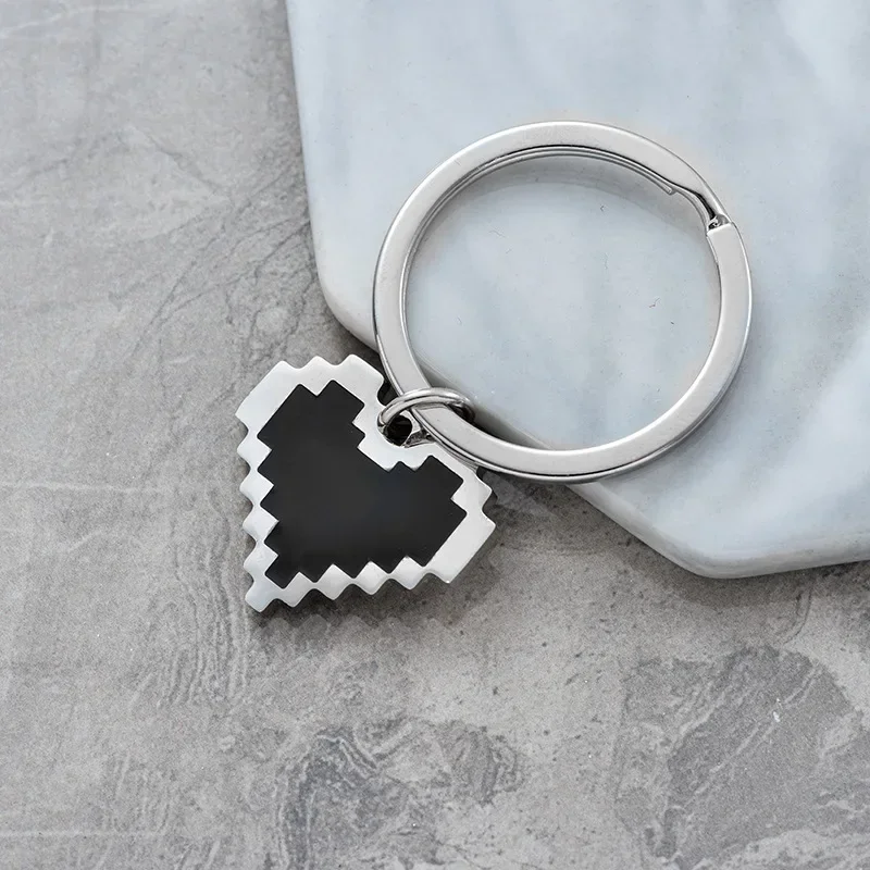 Creative Pixel Style Heart Keychains Smooth Stainless Steel Cartoon Heart-shape Ornament Fashionable Keychain