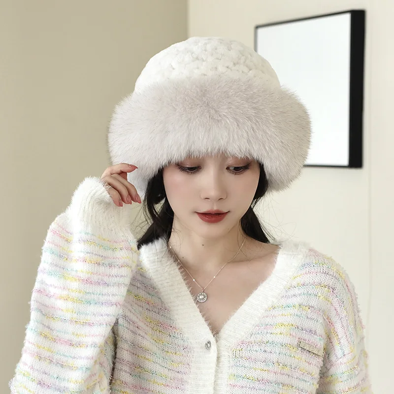 2024 New Besfilin Real Rex Rabbit Fur Hat for Women, Fox Fur Big Brim Bucket Hats, Ear Protection, Keep Warm, Autumn and Winter