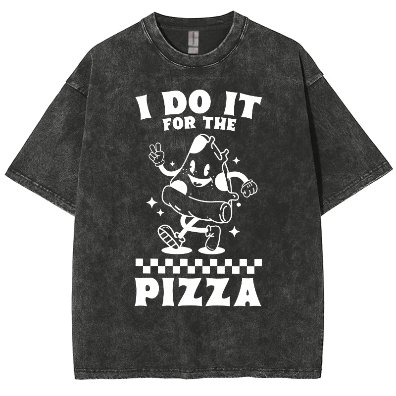 New Cute Pizza T-Shirt Crew Neck Retro Washed Alphabet Printing High Gram Weight Cotton Top Fashion Casual Short Sleeves