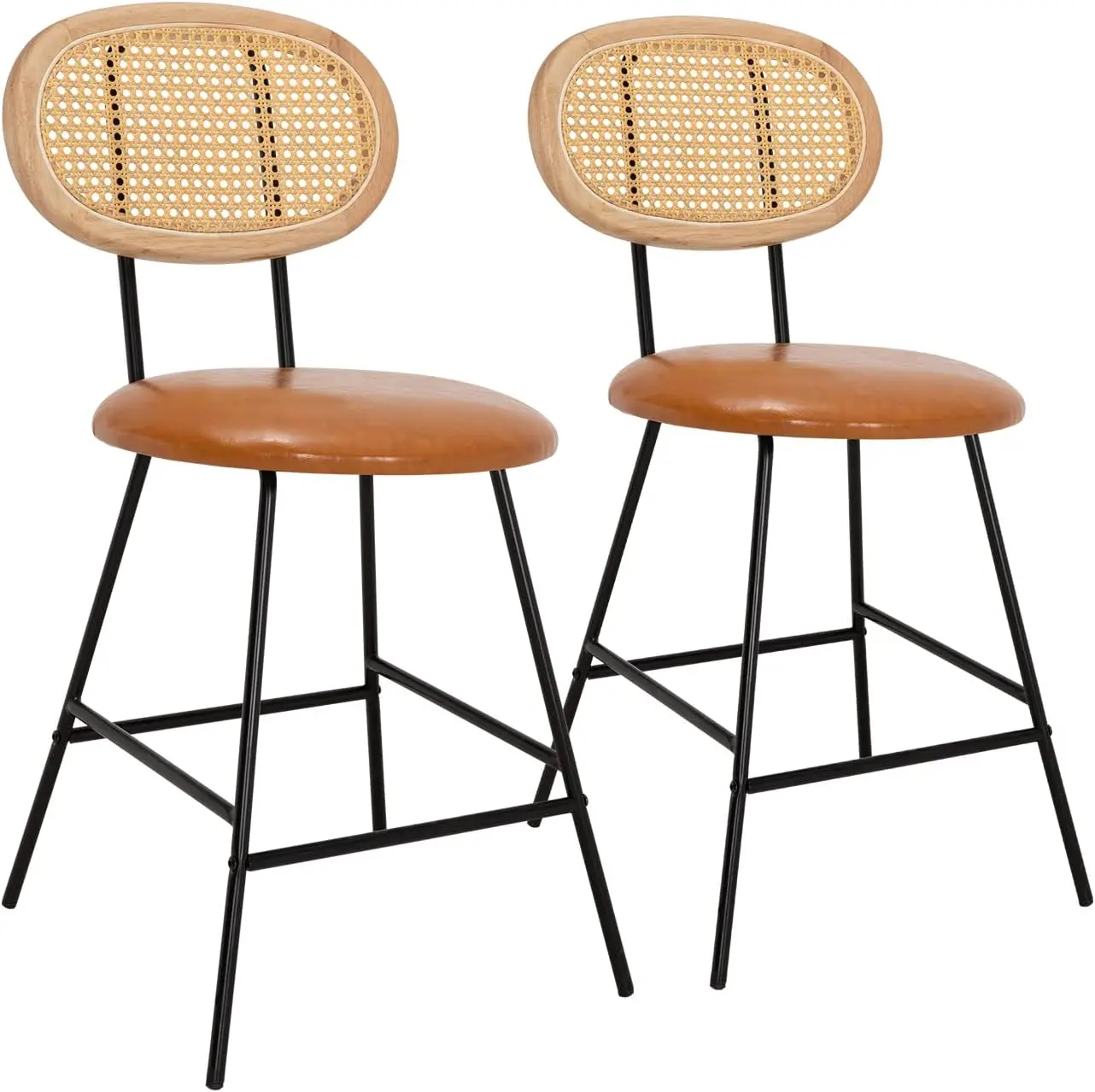 Rattan Counter Height Bar Stools,Leather Bar Stoolswith Metal Leg & Rattan Backrest, Armless Dining Room Chairs,Whiskey Brown