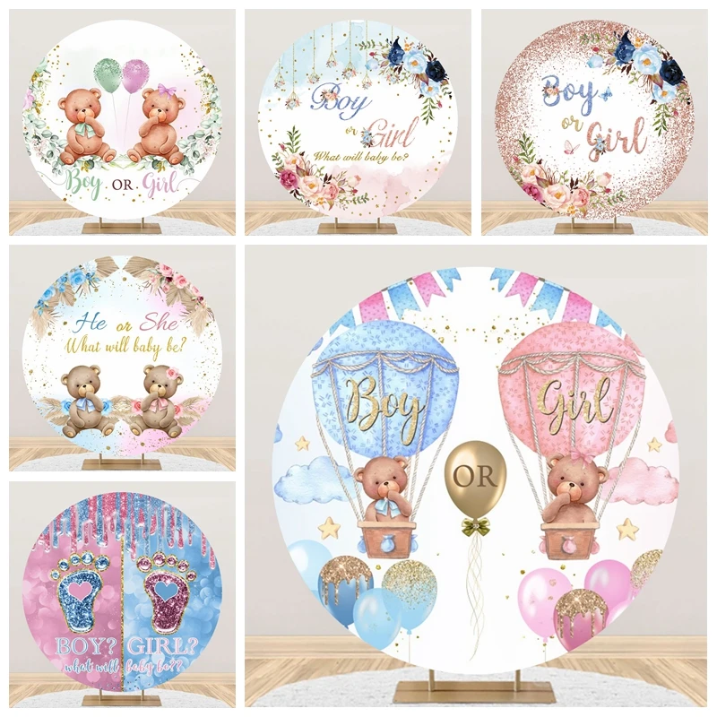 

Gender Reveal Party Round Backdrop Cover Boy Or Girl Baby Shower He Or She Newborn Baby Party Decor Background Photoshoot Banner