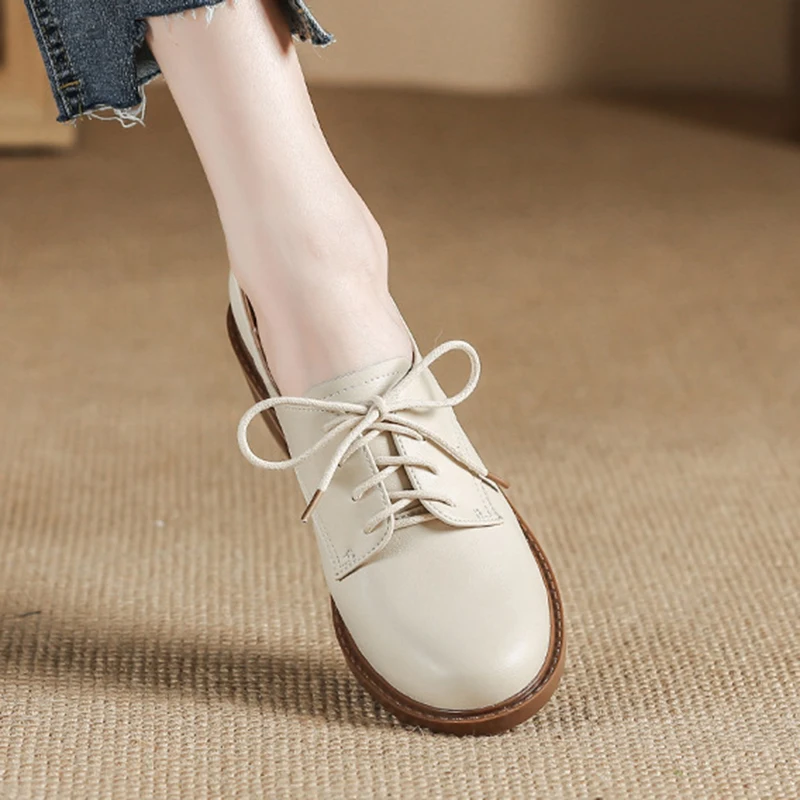 2025 Med-High Heels Oxford Shoes Woman Lace-Up Sneakers Solid Leather  Brogues Ladies All Match Loafers Office Dress Flats Women - AliExpress 322