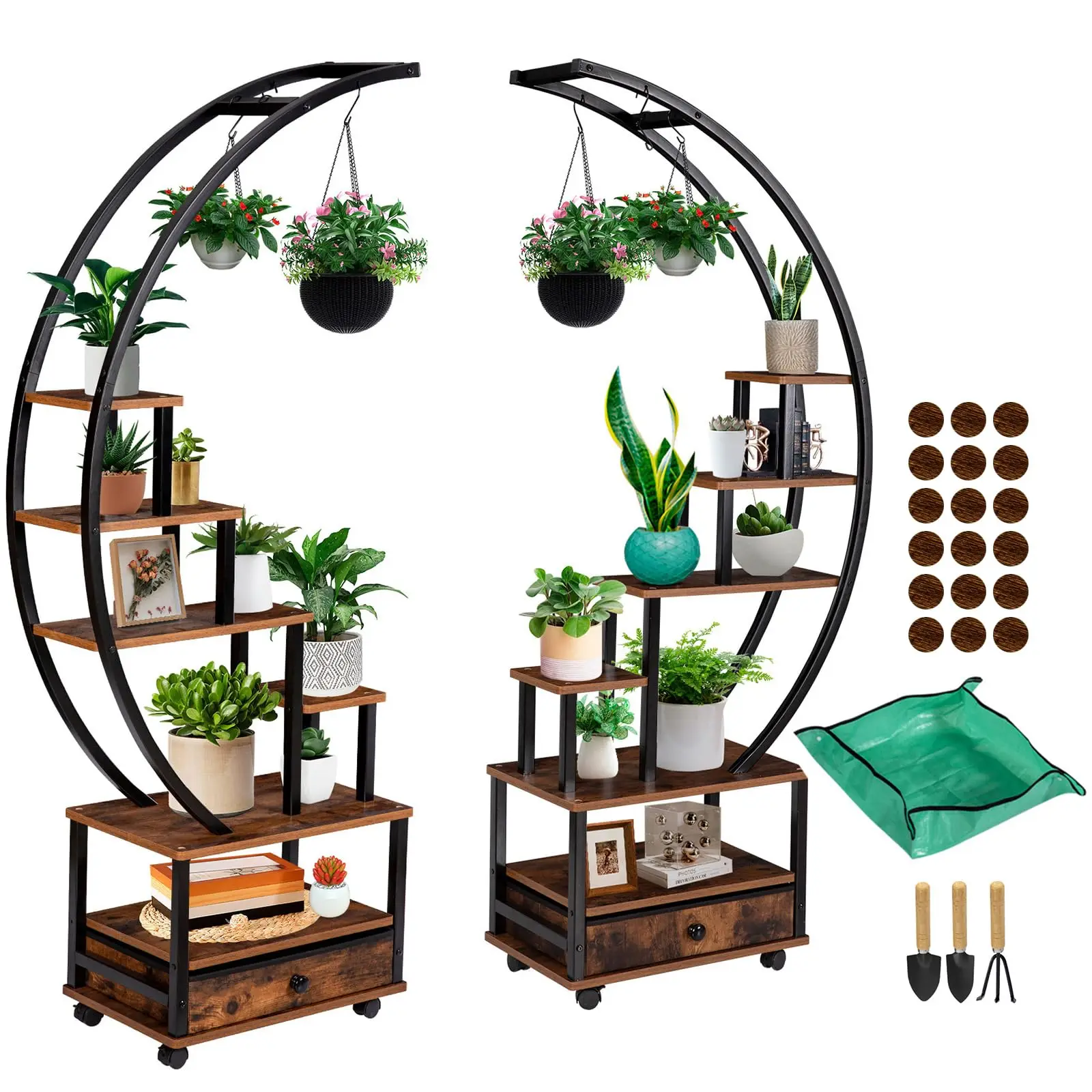 71” Tall 2 PCS Half Moon Indoor Plant Stand with Lockable Wheels, 14-Tier Plant Shelf with Drawer & Accessories, Plant