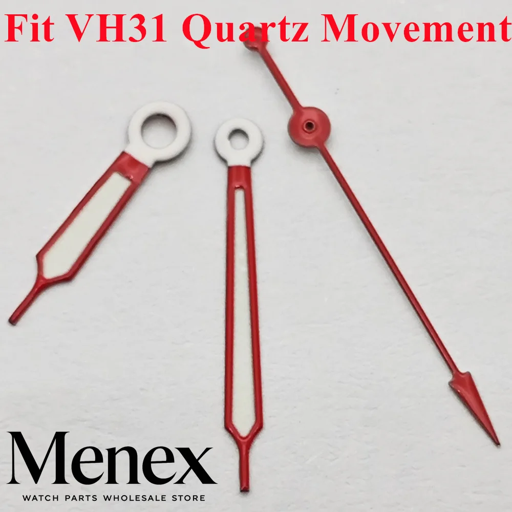 Menex White-Red Watch Hands Green Luminous Fit VH31 Quartz Movement Pointer Set Watch Mod Replacement Spare Repair Parts