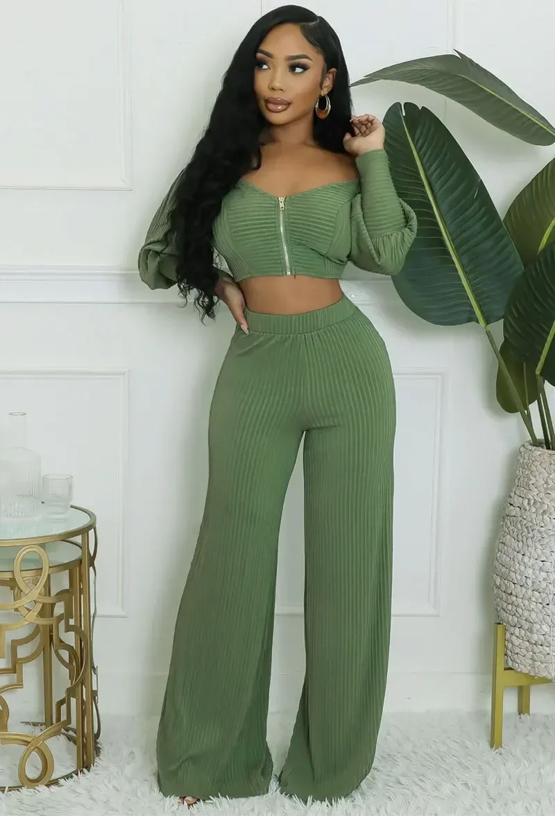 

GUWU Knit Ribbed Women's Set Lantern Full Sleeve Zipper Crop Top and Wide Leg Pants Suit Autumn Street Two 2 Piece Sets Outfits