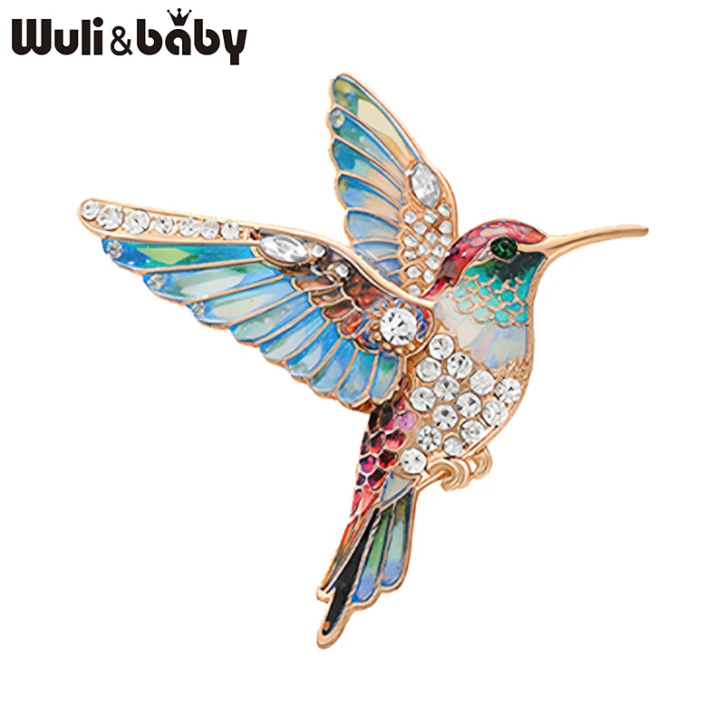 Wuli&baby 사랑스러운 벌새 브로치 핀 여성용 유니섹스 5 색 아름다운 라인 석 버드 동물 파티 캐주얼 브로치 선물