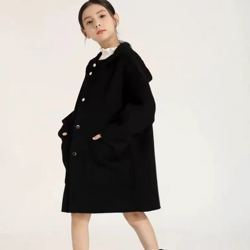 Girls Double-Sided Cashmere overcoat clothes Spring Autumn winter children Thickened Hooded Stylish Woolen Outerwear coat 4-12