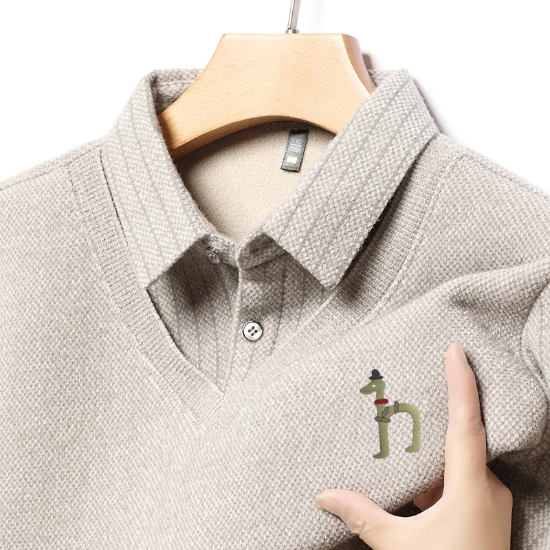 Lapela dos desenhos animados impressão engrossar pulôver vendas quentes marca masculina malha falsa de duas peças inverno negócios camisola quente casual masculino wear