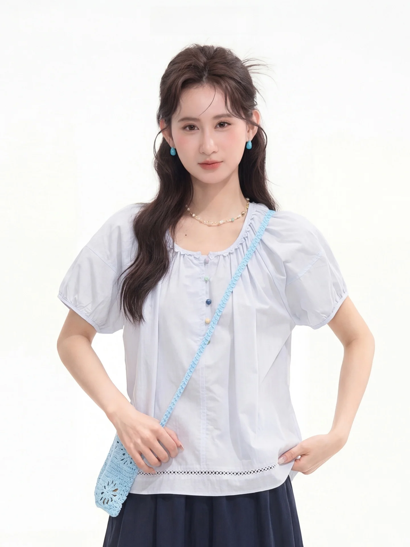 

Sweet Simple Cotton Short Sleeve Shirt round Neck Color Buckle Female Summer Top Heme Girl's Casual Style Fashion Brand