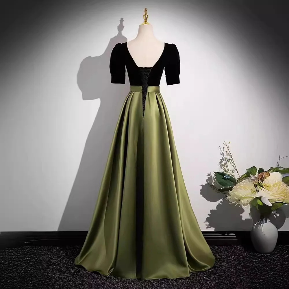 Elegante abito da sera a trapezio lungo fino al pavimento donna inverno velluto nero colletto quadrato mezza manica abito da ballo verde orlo in raso Vestido