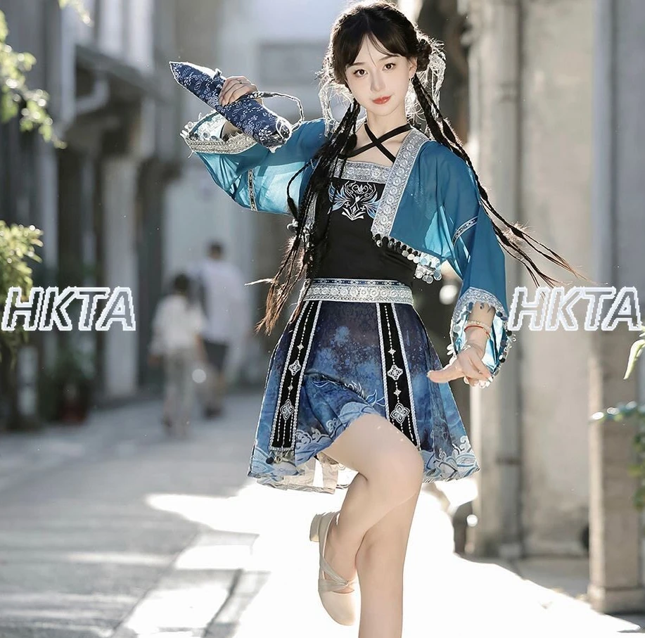 New Chinese National Lolita Slim Fit Neck Suspender Short Cardigan Printed Mini Skirt Sweet Hanfu Lolita Three Pieces Sets Women