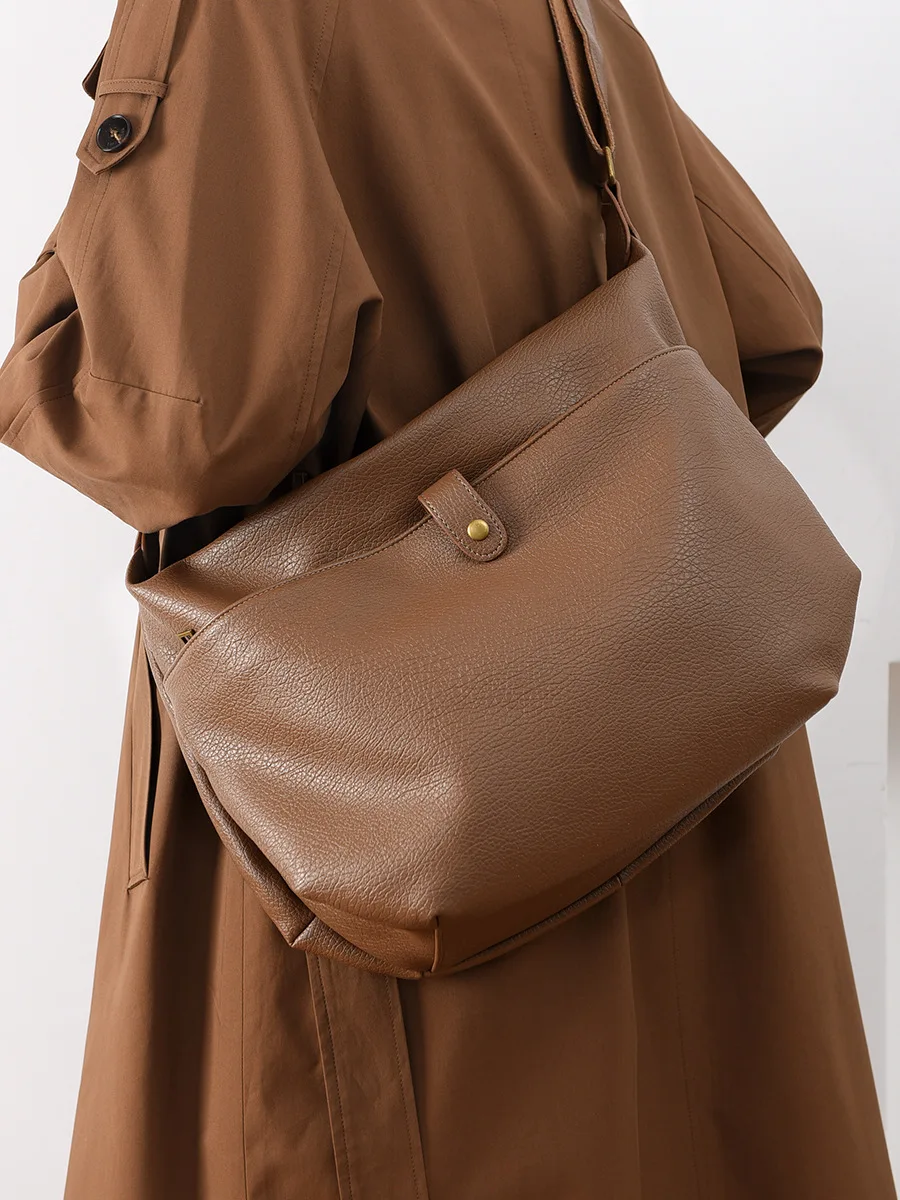 

Сплошной цвет, мягкая кожаная сумка через плечо для женщин, большая вместительная сумка для покупок, диагональная сумка, винтажная сумка-хобо